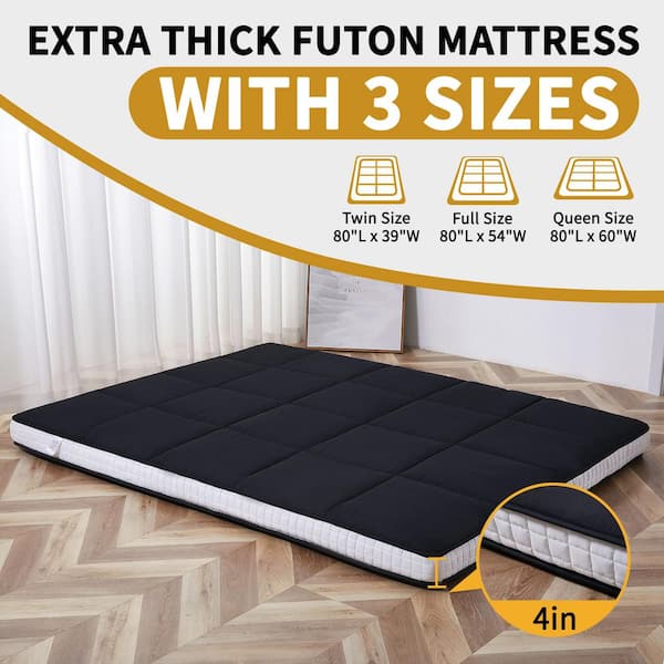 Japanese Floor Mattress 4 in, Polyester Fill Tatami Mat Sleeping Pad Foldable Roll Up Mattress, Twin, Black