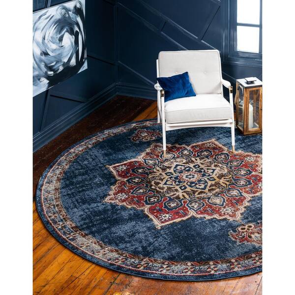 Dark Blue 8' x 8' Villa Round Rug  Round rug living room, Brown couch  living room, Brown leather furniture