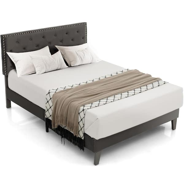 Costway Gray Metal Bed Frame Upholstered Full Platform Bed with Tufted Headboard Mattress Foundation