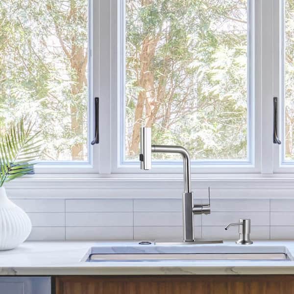 3 Modes Single Handle Pull Down Sprayer Kitchen Faucet with Soap Dispenser in Brushed Nickel