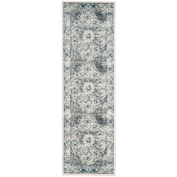 Evok 2 ft. x 13 ft.  Gray/Ivory Distressed Border Medallion Runner Rug