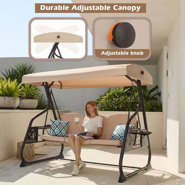 3-Person Metal Patio Swing Porch Swing with Stand, Khaki Cushions