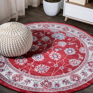 Modern Persian Vintage Moroccan Traditional Red/Ivory 5' Round Area Rug