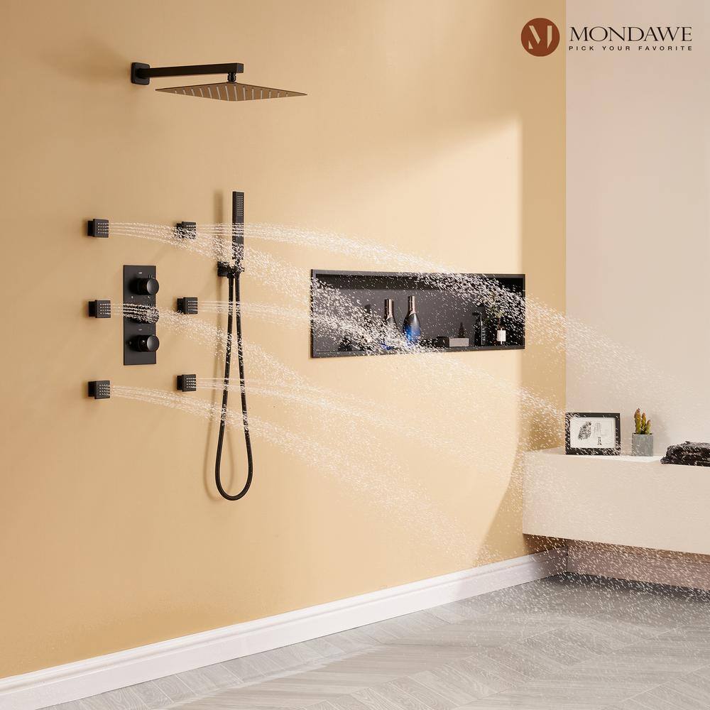 Matte Black 12-Inch Stainless Steel Multi-Head Wall Mounted Shower System