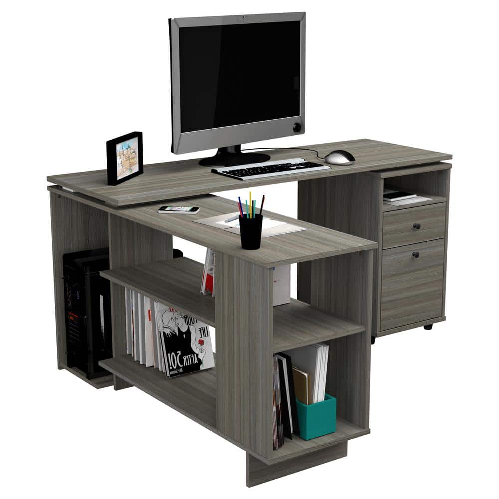 Smoke Oak L-Shaped Computer Desk with Filing Cabinet