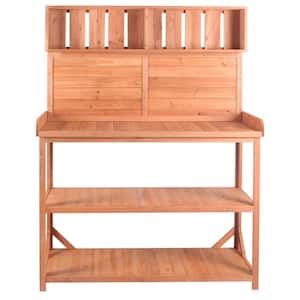 19.30 in. x 46.90 in. Outdoor Natural Wooden Garden Potting Bench Table with 4-Storage Shelves and Side Hook