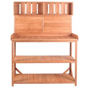 19.30 in. x 46.90 in. Outdoor Natural Wooden Garden Potting Bench Table with 4 Storage Shelves and Side Hook