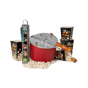 6 Qt. Aluminum Red Stovetop Popcorn Popper and Seasoning Tube with 4 Pop Open Tubs 6-Piece Popcorn Set