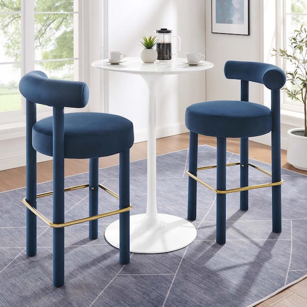 MODWAY Toulouse 30 in. in Midnight Blue Gold Wood Performance Velvet Bar Stool - Set of 2