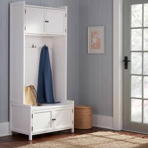 Wolcott White Wood Hall Tree with Bench and Storage (32 in. W x 72 in. H)