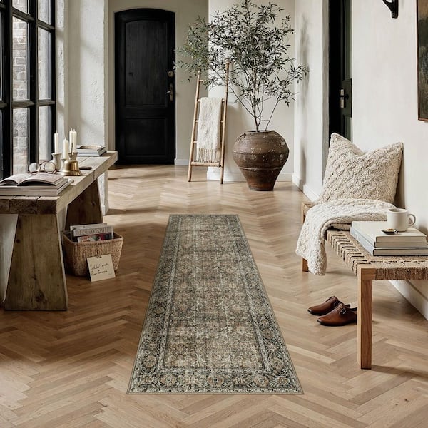 Kingston Brown 2 ft. x 6 ft. Distressed Herati All Over Design Area Rug