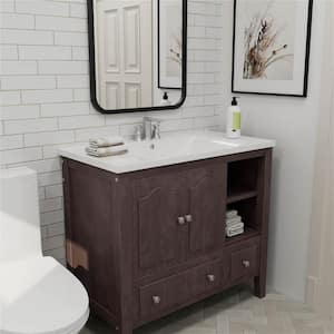 MID 36 in. W x 18 in. D x 32 in. H Single Sink Medium Bath Vanity in Brown with Pure White Ceramic Integrated Sink Top