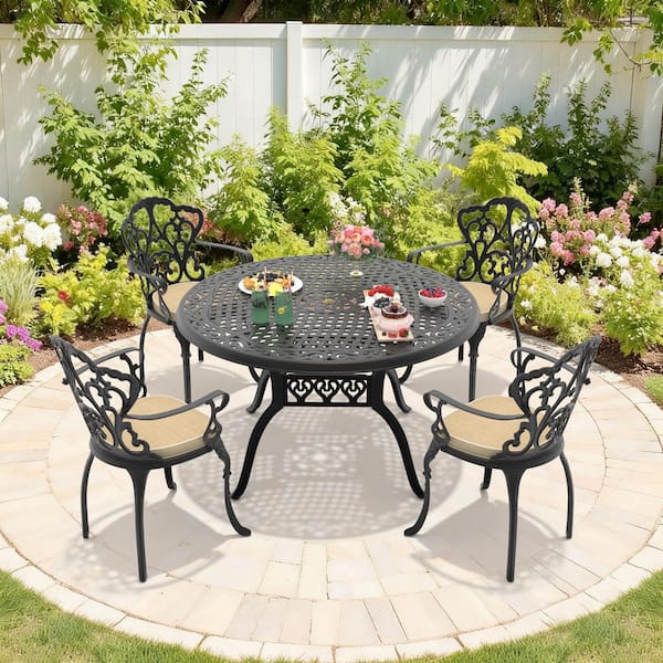 Black 5-Piece Cast Aluminum Outdoor Dining Set, 48.03 in. Round Dining Table and 4 Patio Chairs with Off-White Cushions