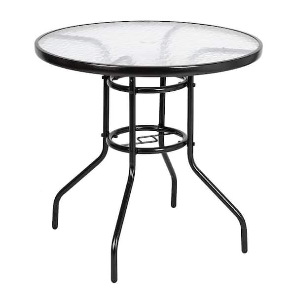 homfan Patio Bistro Table Round Outdoor Coffee Table, Round Tempered Glass Top with 1.73 in. Umbrella Hole