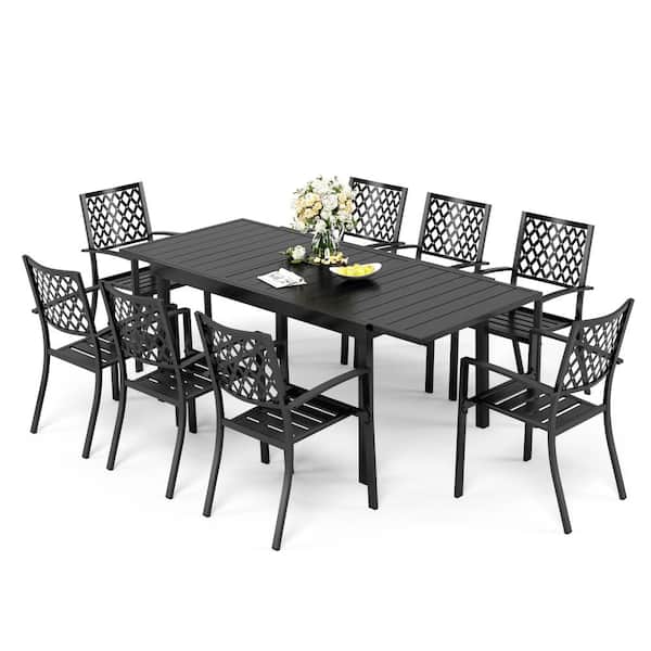 PHI VILLA 9-Piece Metal Outdoor Patio Dining Set Elegant Stackable Chairs