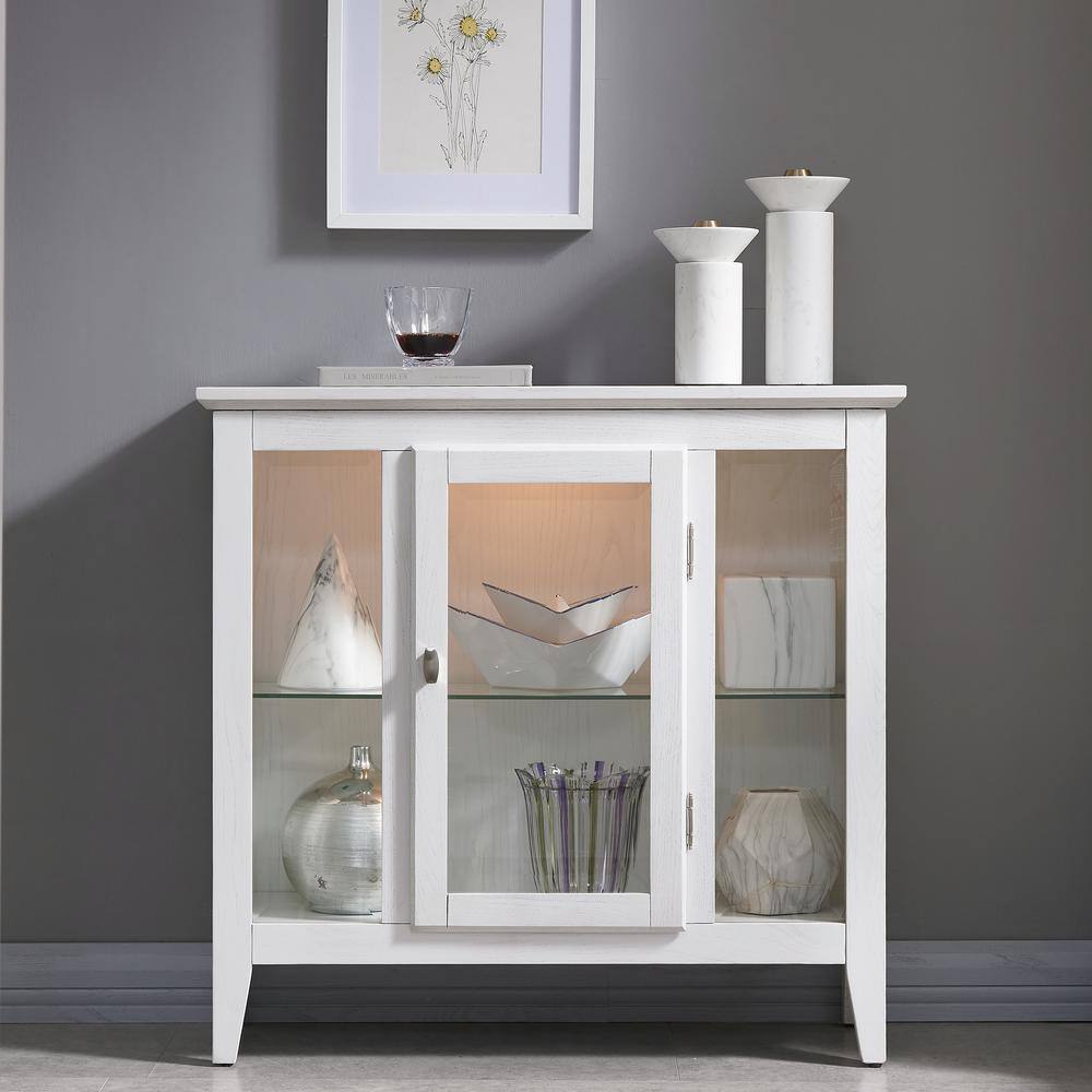 Weathered White Lighted Wood Curio Cabinet with Glass Shelves