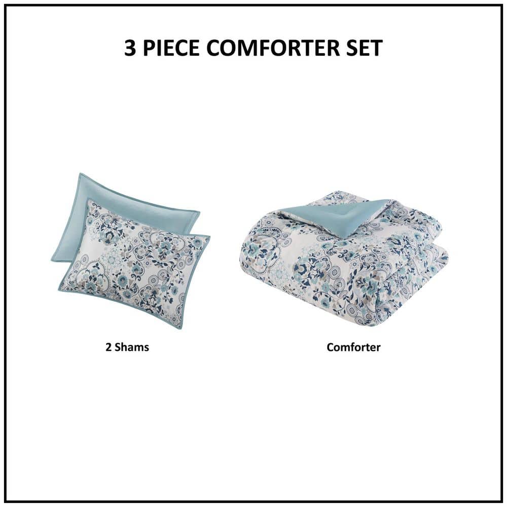 Blue Floral Cotton Down Alternative Comforter Set, Full