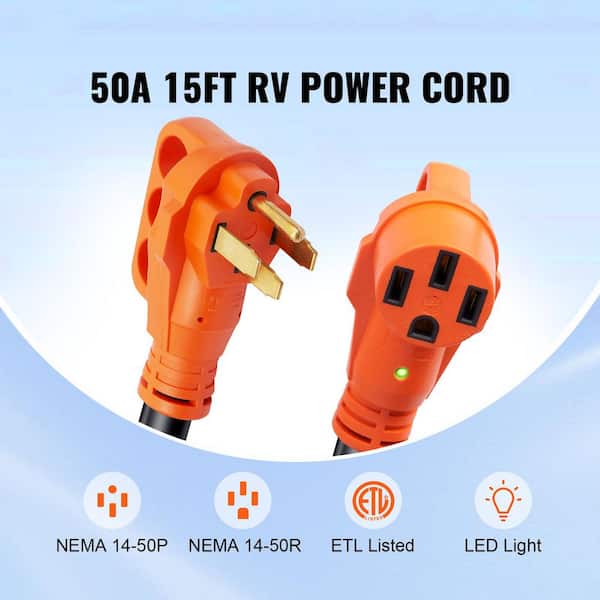 50 Amp RV Extension Cord 15 ft., NEMA 14-50P to 14-50R, STW Cable with LED Handle, 15A Adapter, for RV Generator Camping