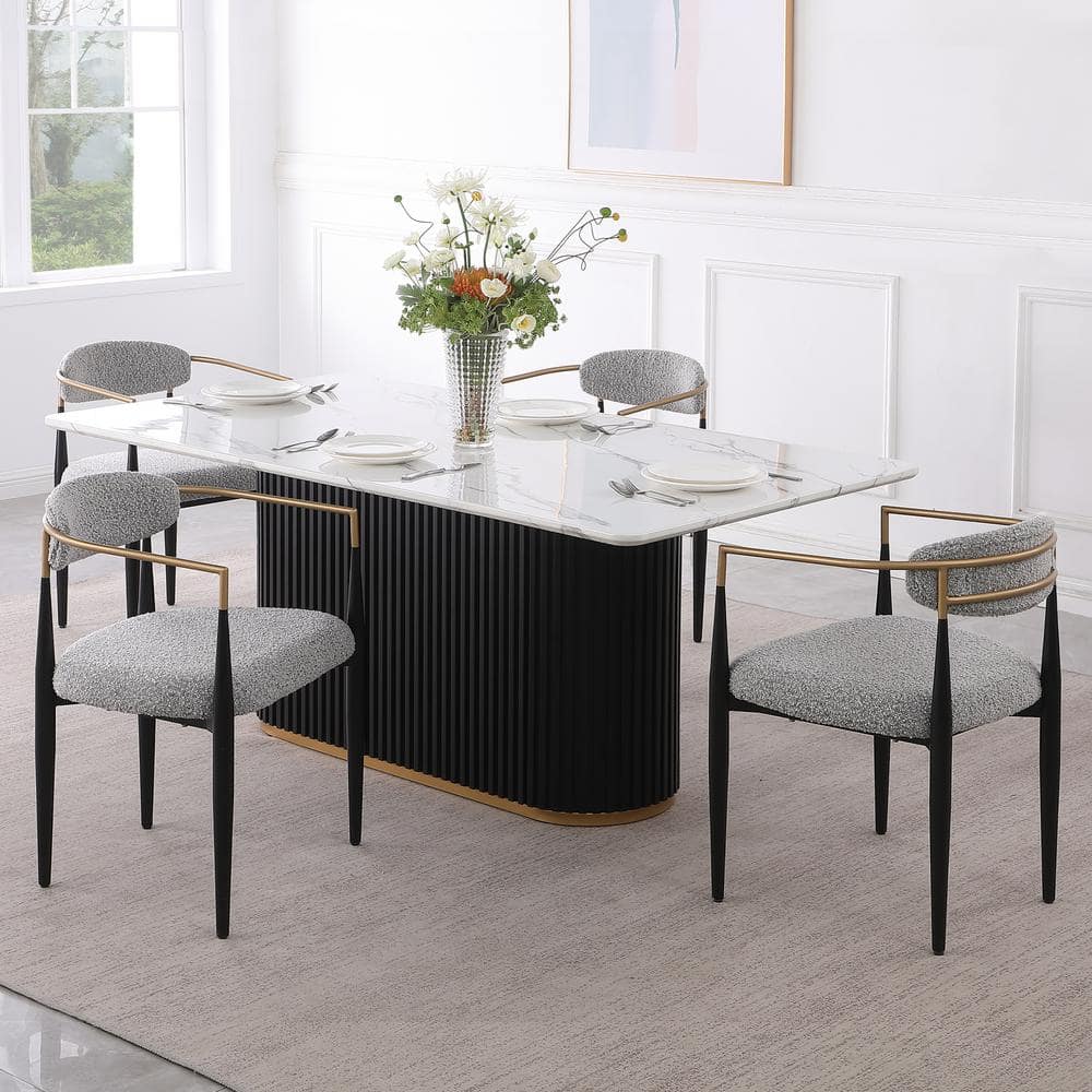 Morden Fort Modern 5-Piece Faux Marble Dining Table Top with Boucle ...