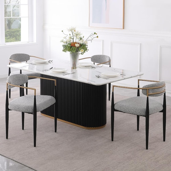 Morden Fort Modern 5-Piece Faux Marble Dining Table Top with Boucle Chair in Gray Dining Room Set for Kitchen