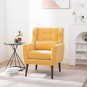 Yellow Chenille Fabric Upholstered Accent Chair with Waist Pillow, Wood Legs with Pads