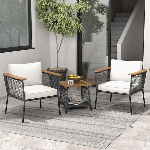 Costway 3-Piece Metal Patio Conversation Set with 2-Tier Coffee Table Acacia Wood Armrests Tabletop and Off White Cushions