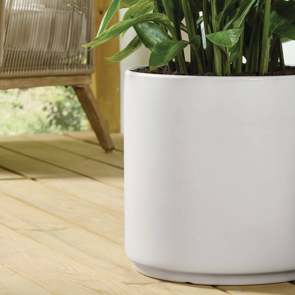 Vigoro - 15.6 in. Eloise Large Modern White Ceramic Cylinder Planter (15.6 in. D x 15 in. H) with Drainage Hole