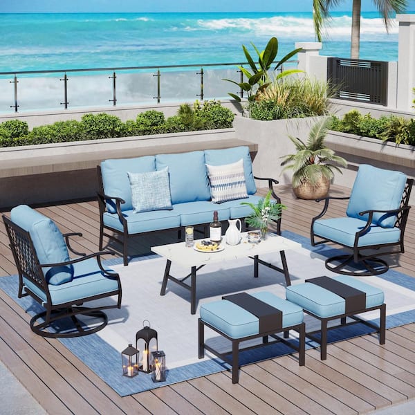 PHI VILLA Black Meshed 7-Seat 6-Piece Metal Outdoor Patio Conversation Set with Blue Cushions and Table with Marble Pattern Top