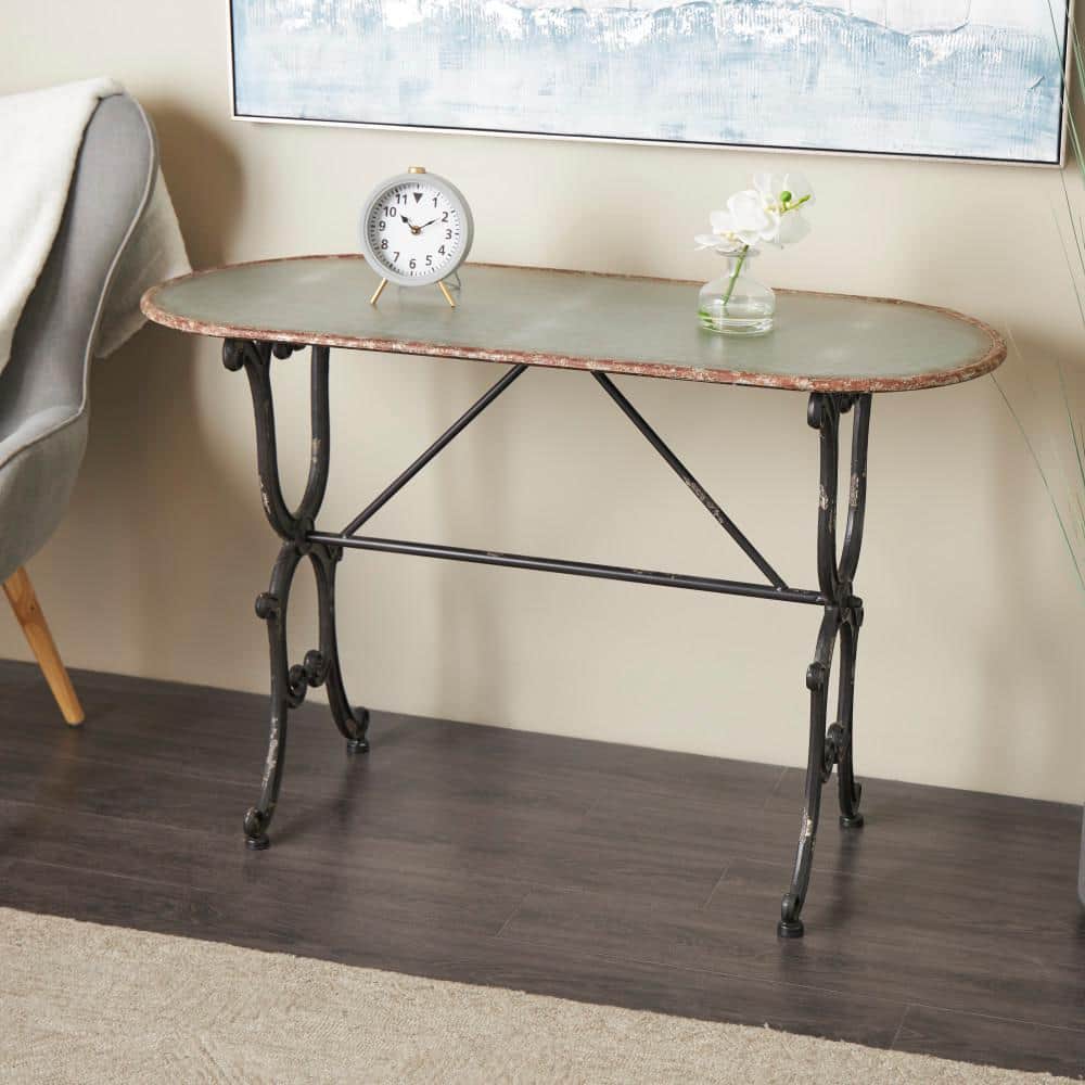 Crestline Distressed Gray Metal & Glass Console Table with Storage