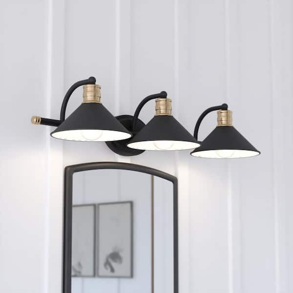 Akron 28 in. W 3-Light Matte Black and Natural Brass Vanity Light Fixture Industrial Metal Shade Bathroom Wall Lighting
