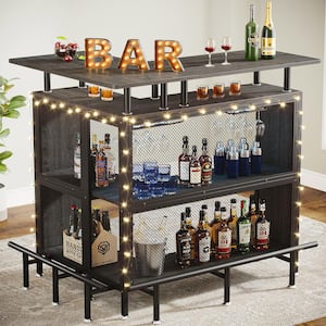 Kearsten Gray L-Shaped Home Bar Unit, Liquor Bar Table with Stemware Racks and 2-Tier Shelves