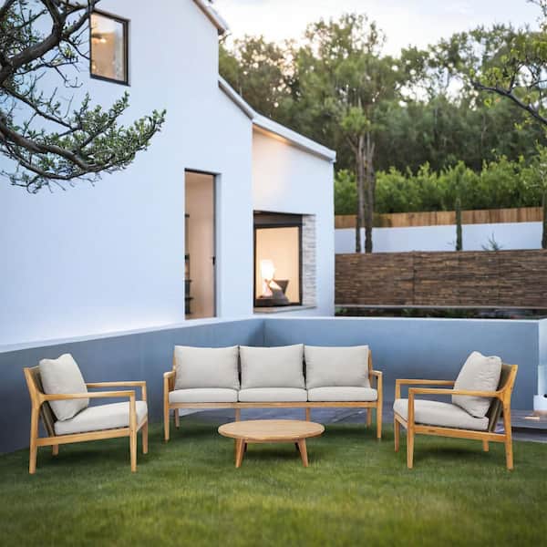 moda furnishings Spring 4-Piece Acacia Wood Patio Conversation Set With Gray Cushions