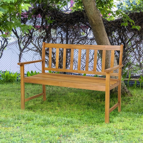 ANGELES HOME 2-Person Patio Acacia Wood Bench with Backrest and Armrests