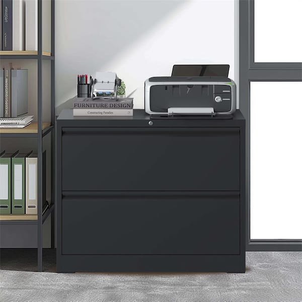 Black 28.5 in. H Metal Office Storage Cabinet Steel Lateral File Cabinet with Lock and 2-Drawers