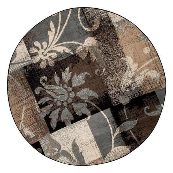 HomeRoots 8 ft. Round Beige and Gray Round Floral Power Loom Distressed Stain Resistant Area Rug