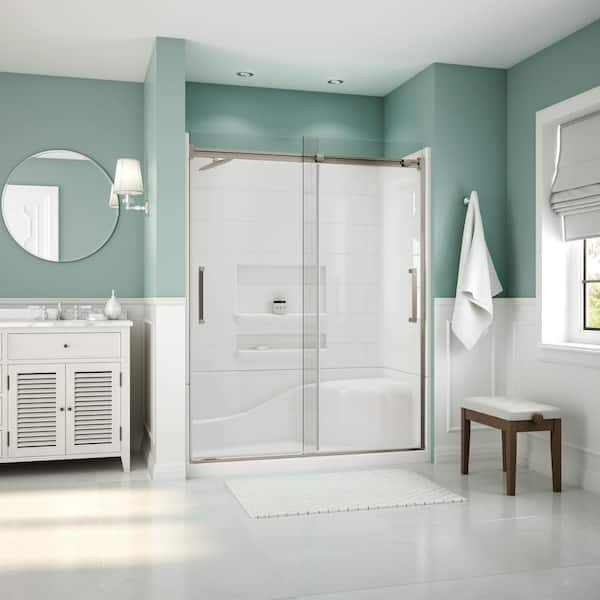 Aquatic Coronado Acrylx 60 in. x 30 in. Single Threshold Left Drain Shower Kit in White with Bench with Door in Brushed Nickel