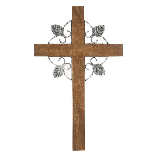 Stonebriar Collection 21 in. 13 in. Natural Wood Wall Cross with Metal Detail