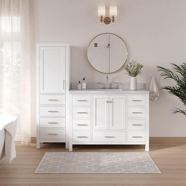 Cambridge 48 in. Single Sink Bath Vanity with Carrara White Quartz Top and Linen Cabinet in White