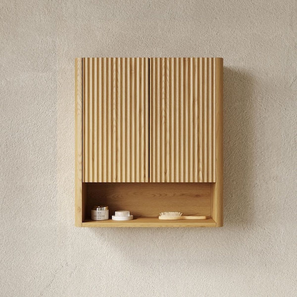 Caleb Golden Oak 25.98 in. W x 29.53 in. H Wall-Mounted Storage Cabinet with Doors, Shelf and Open Compartment