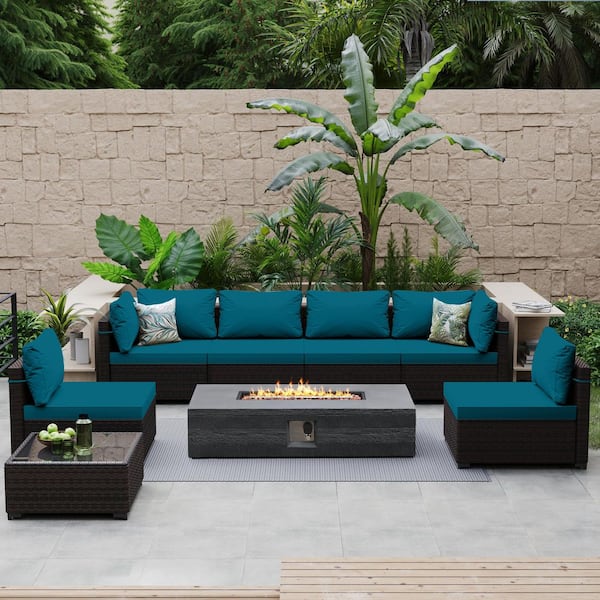 8-Piece Wicker Patio Conversation Set with Cushions and 56 in. Outdoor Rectangle Fire Pit Table, Lake Blue Cushions