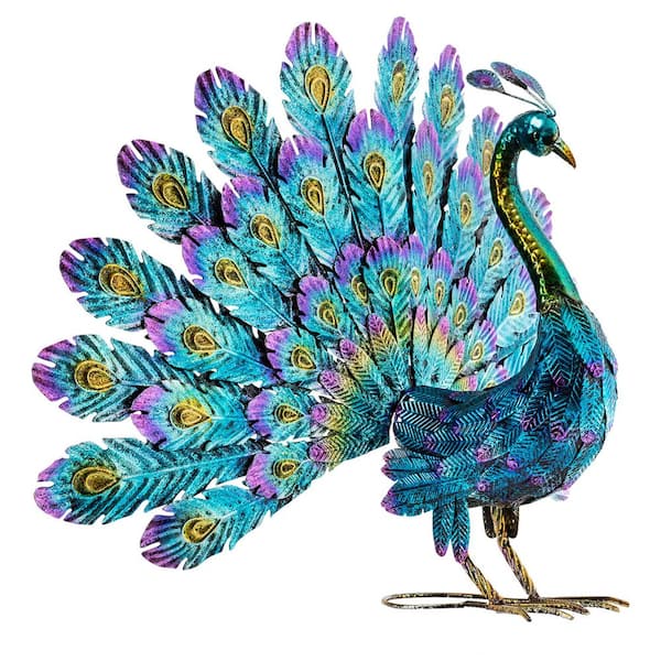 23 in. Tall Outdoor Metallic Peacock Tail Spread Yard Statue Decoration, Multicolor
