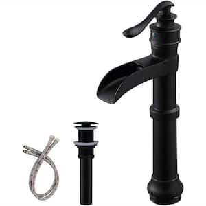 Single Handle Single Hole Waterfall Bathroom Vessel Sink Faucet with Pop-Up Drain Assembly in Matte Black