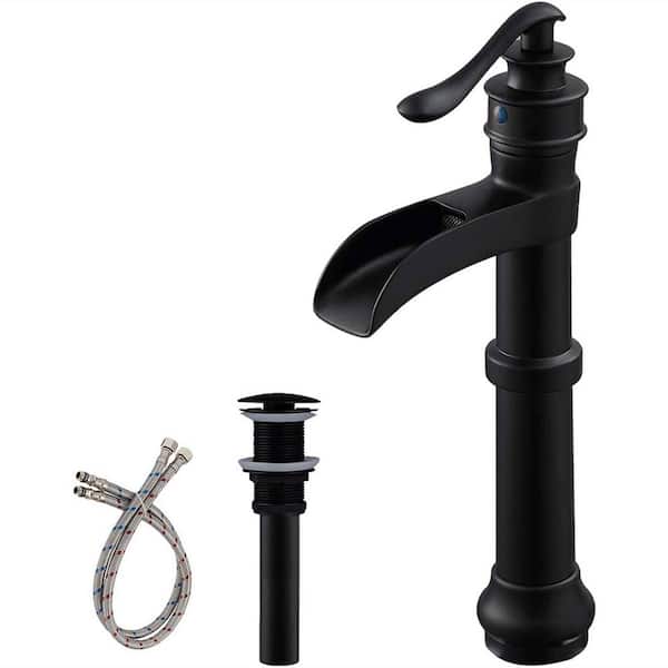 FLG Single Handle Single Hole Waterfall Bathroom Vessel Sink Faucet with Pop-Up Drain Assembly in Matte Black