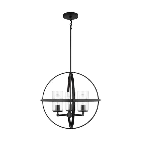 Generation Lighting Alturas 3-Light Midnight Black Modern Dining Room Hanging Globe Chandelier with Clear Seeded Glass Shades