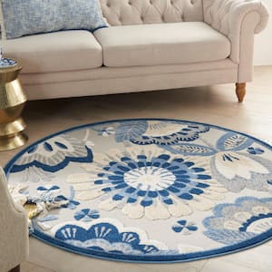 Aloha Blue/Gray 5 ft. x 5 ft. Round Floral Contemporary Indoor/Outdoor Patio Area Rug