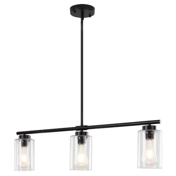 LWYTJO Kimbell 3-Light Black Linear Island Pendant Light, Kitchen Lighting with Clear Bubbles Glass Shades, No Bulbs Included
