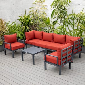 Chelsea 7-Piece Patio Sectional Seating Set Black Aluminum With Coffee Table & Cushions in Red