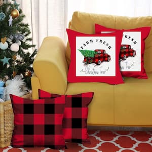 Decorative Christmas Plaid and Truck Throw Pillow Cover Square 18 in. x 18 in. Red and White for Couch, Bedding Set of 4
