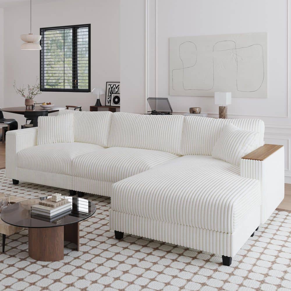 114.56 in. Corduroy Upholstery Sectional Sofa in White with 2 Storage Armrests, 2 Pillows, Reversible Chaise price history on PriceWatchPro