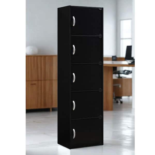 L'Baiet 59 in. Tall Black Wood 5-Shelve Bookcase with 5-Doors Enclosed Storage 5-Tier Bookshelf for Home or Office